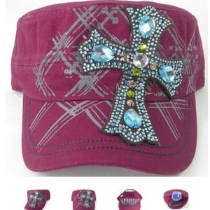 Rhinestone  Cadet Hat- Turquoise Cross Burgundy